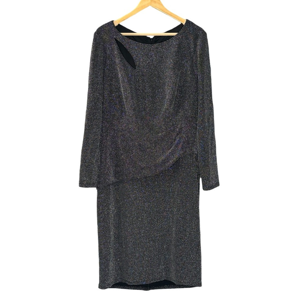 Xscape dress black silver metallic thread cutout neck long sleeve cocktail 16W
